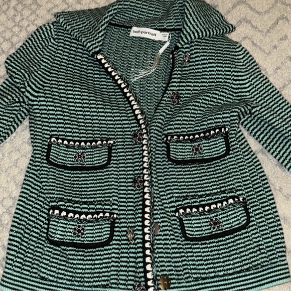 SELF-PORTRAIT Embellished Striped Cotton-Blend green Cardigan - Picture 6 of 6